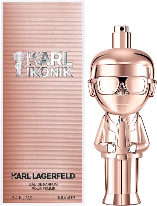 En parfyllflaska i form av Karl Lagerfeld, med en tecknad figur med glasögon och kostym. Boxen säger "Karl Ikonik."