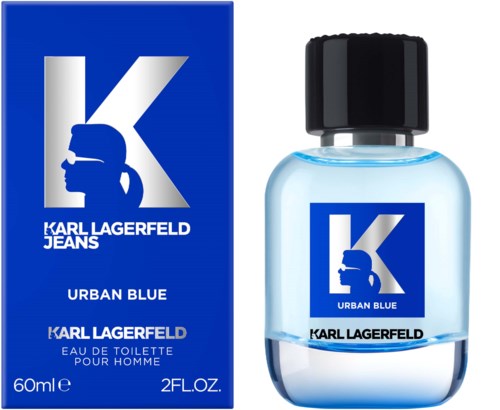 A perfume bottle and box with 'Urban Blue' and 'Karl Lagerfeld' branding, blue and black colors, and logo.
