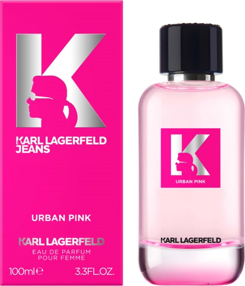 A pink perfume box and bottle with a large 'K' logo and pink label, labeled 'Urban Pink' by Karl Lagerfeld.
