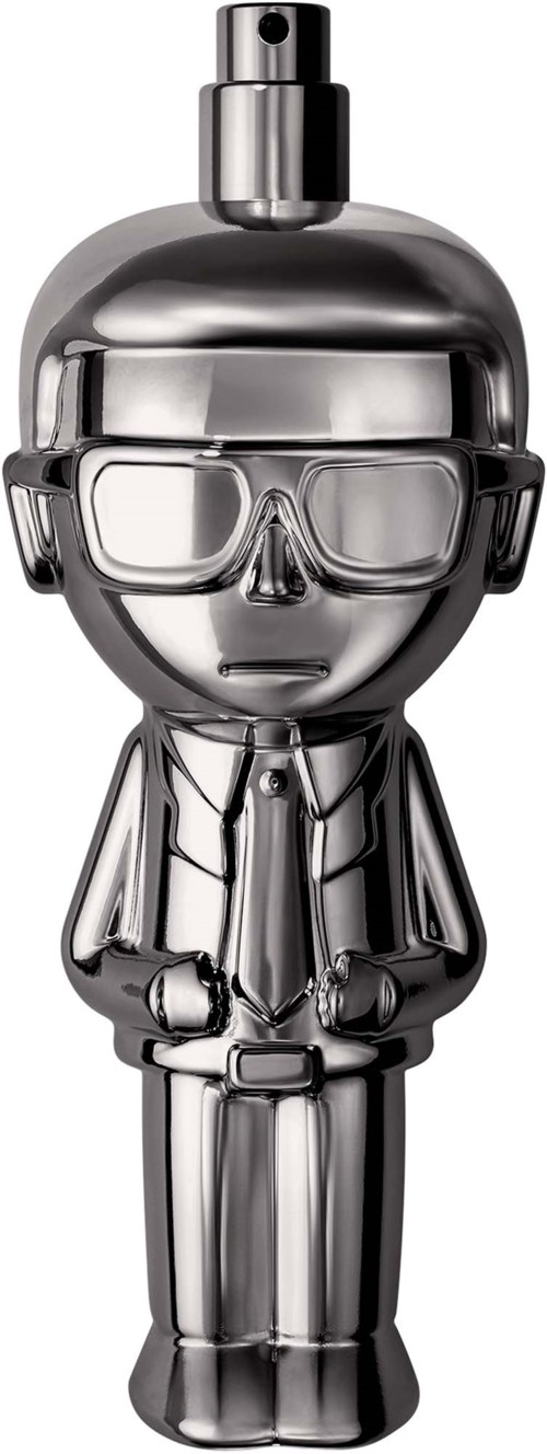 Eine glänzende metallische Parfümflasche in Form einer Person mit Brille und Anzug, mit Zerstäuber oben.