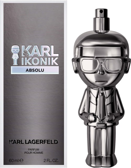 Ein Parfümflasche, die wie ein glänzender silberner Comic-Mensch mit Brille und Anzug aussieht, neben seiner Schachtel.