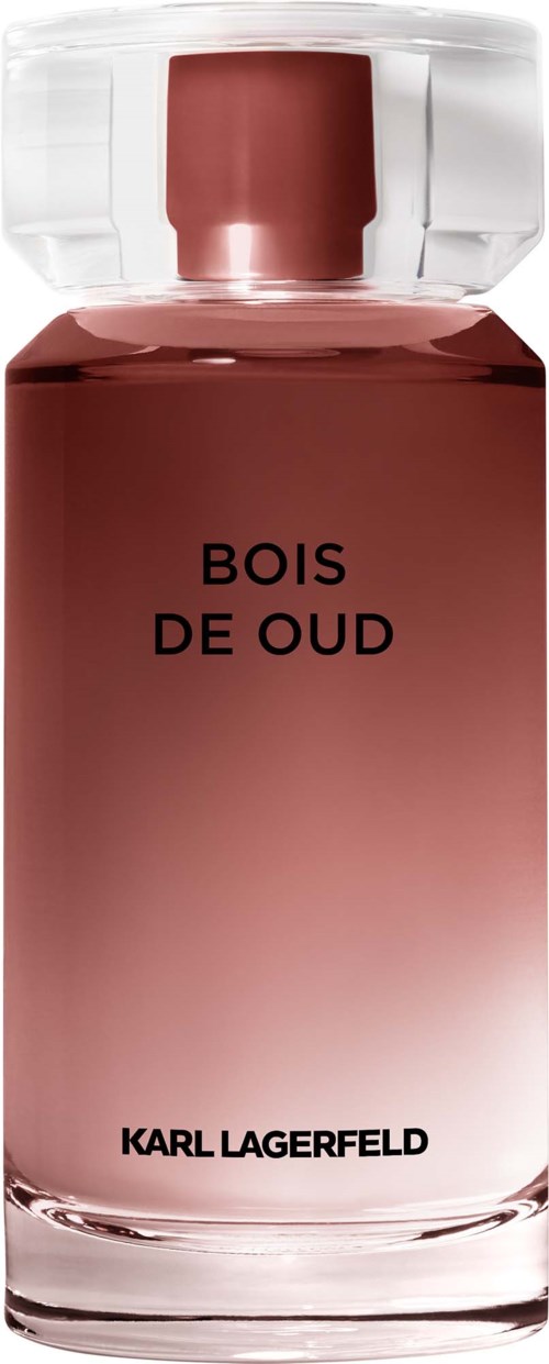 A perfume bottle with a pinkish liquid and a clear cap. The label reads Bois de Oud by Karl Lagerfeld.