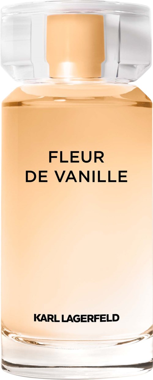 Ljus kosmetikflaska med svart text Fleur De Vanille och Karl Lagerfeld.