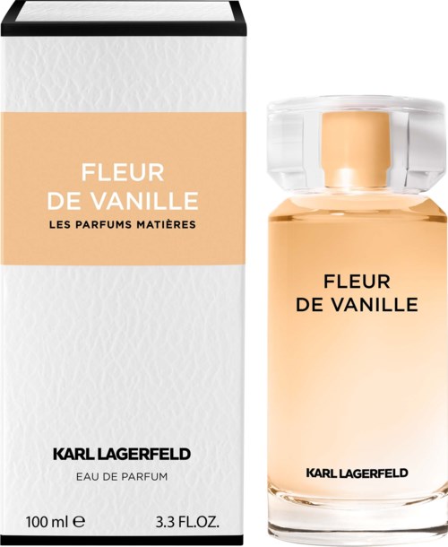 Parfymflaska och box för Fleur de Vanille av Karl Lagerfeld, med beige och klar förpackning.