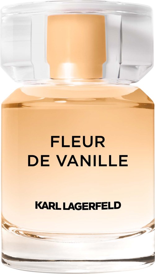 En parfyllflaska i klar glas med guldlock och etikett som säger Fleur de Vanille av Karl Lagerfeld.