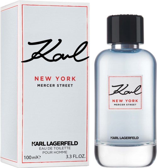 En parfyllåda och flaska med Karl Lagerfelds logotyp, med titeln 'New York' och 'Mercer Street' i enkla färger.