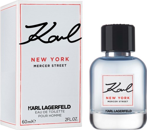 En parfyllflaska och en förpackning med Karl Lagerfelds namn, New York och Mercer Street skrivna på dem.