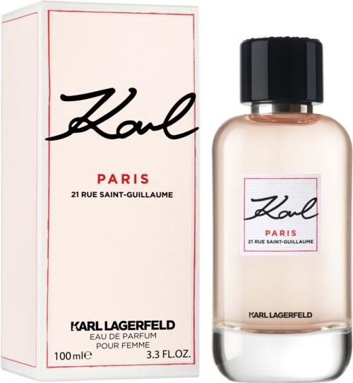 A perfume bottle and box with the Karl Lagerfeld logo, Paris, and address, 100ml.