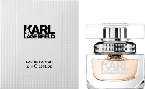 En parfyllåda och flaska med namnet Karl Lagerfeld, elegant design och ljusrosa vätska inuti.