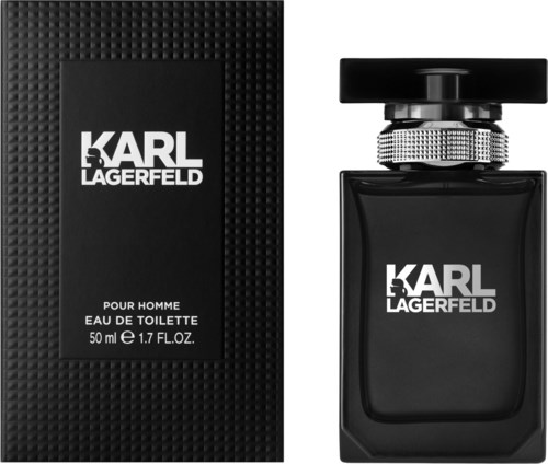 En svart flaska med Karl Lagerfeld herrparfym med matchande box, med fet vit text och ett strukturerat lock.