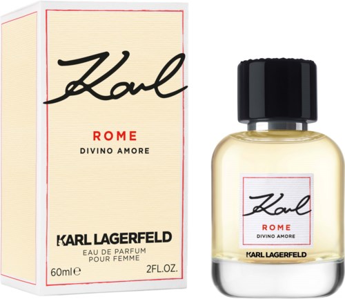 En parfyllflaska och låda med namnet Karl, 'Rome' och 'Divino Amore'. Flaskan är genomskinlig med svart lock.