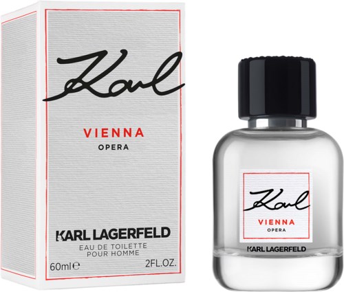 A perfume bottle and box labeled 'Karl Lagerfeld Vienna Opera' with red and black text, simple white container.