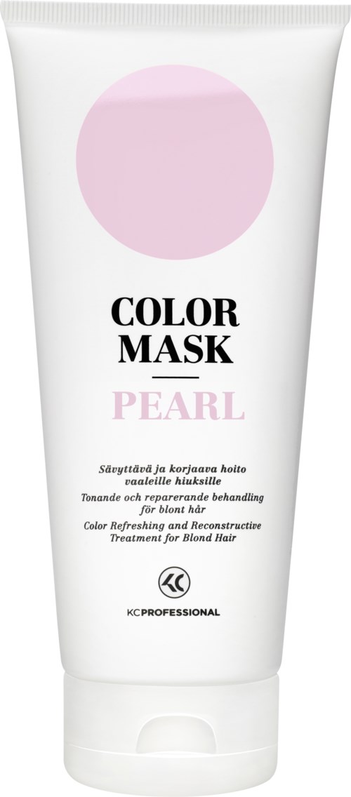 En vit hårmaskrör med en ljusrosa cirkel och svart text, märkt 'Color Mask Pearl' för blond hårvård.