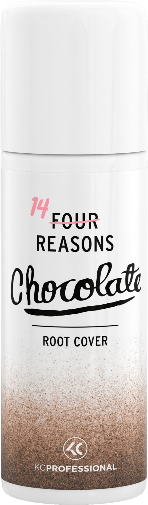 En hvit flaske med svart og rosa tekst, merket "Four Reasons Chocolate Root Cover," med en brunaktig gradient nederst.