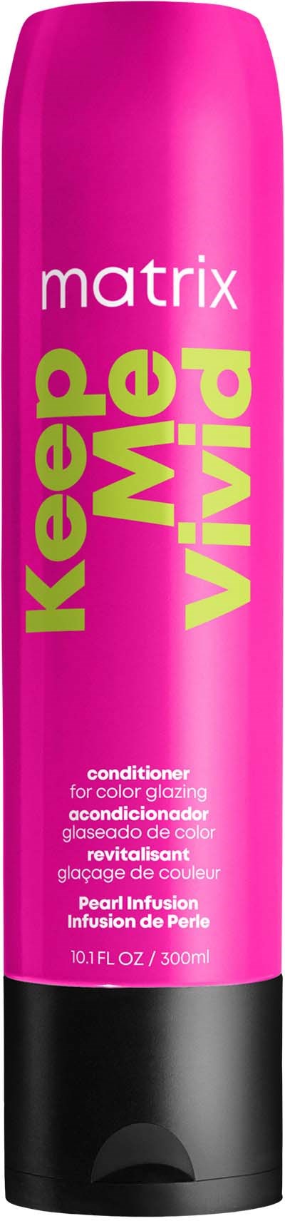 En rosa boks med Matrix Keep Me Vivid balsam for fargelyst, med svart bunn og lyst grønn tekst.