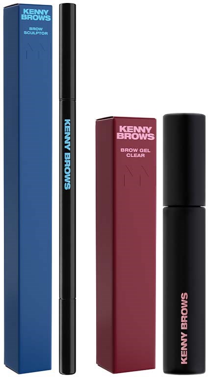 To øjenbrynsprodukter i sorte beholdere, med blå og røde bokse, mærket 'Kenny Brows' og 'Kenny Brows Gel Clear'.