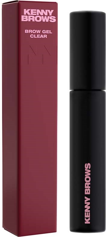 En sort cylindrisk flaske med pink tekst ved siden af en lang pink æske. Æsken siger Kenny Brows og Brow Gel Clear.