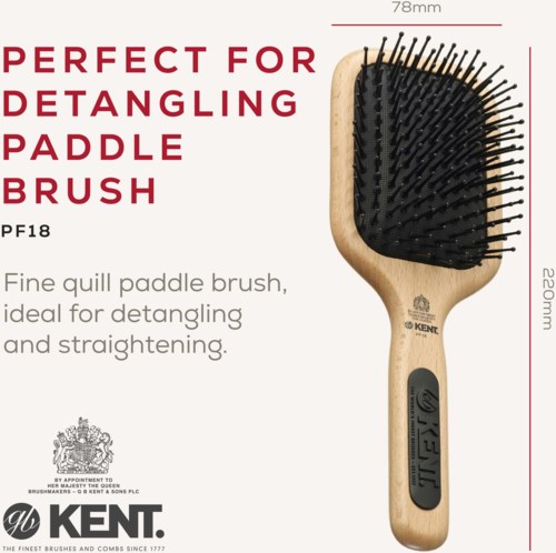 An illustration of a paddle brush with black bristles and a wooden handle, meant for detangling and straightening hair.