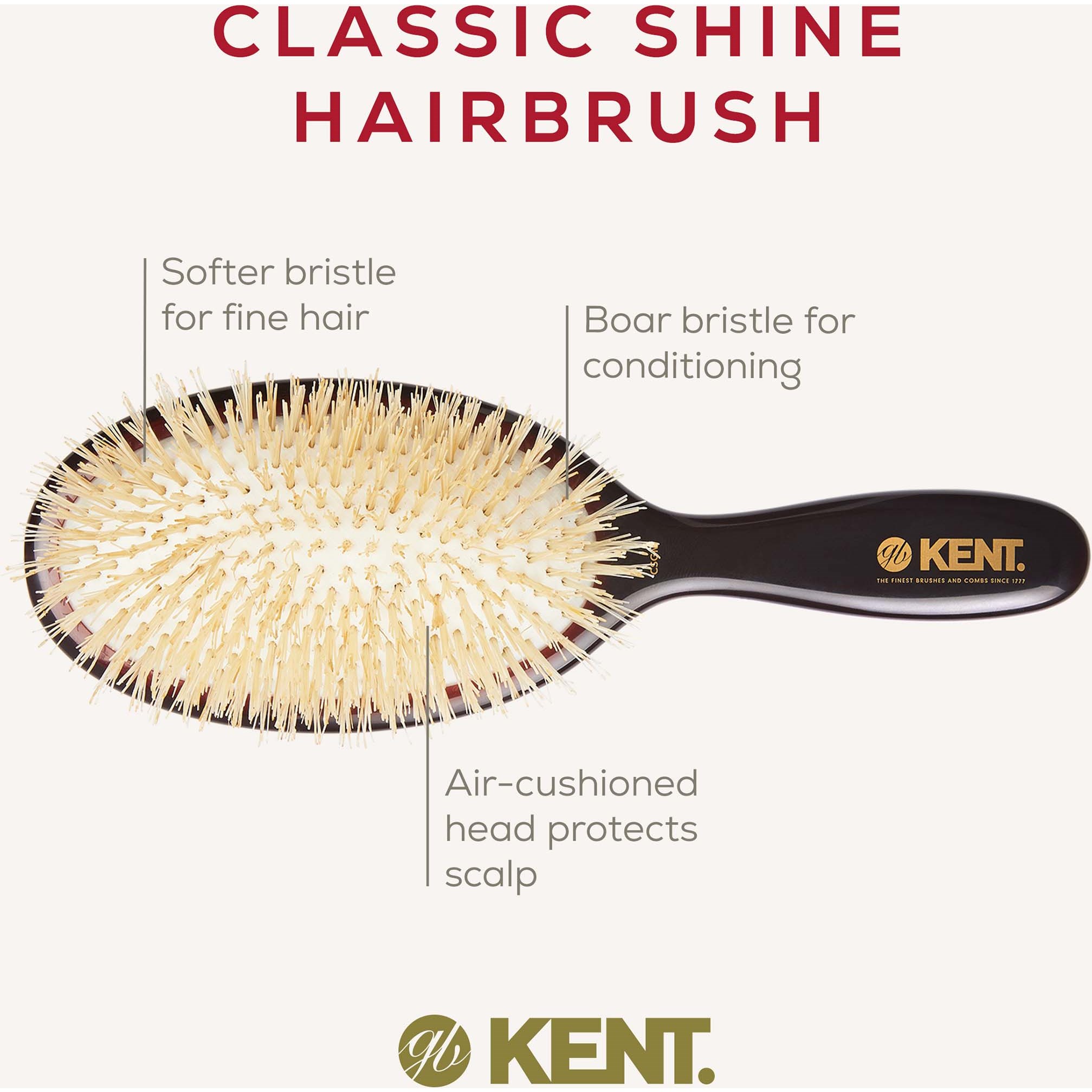 Kent Brushes Classic Shine Medium Soft White Pure Bristle Hairbrush (zdjęcie 4)