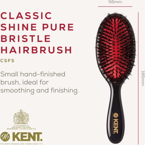 A small black hairbrush with red bristles, measuring 56mm wide and 185mm long, suitable for smoothing and finishing hair.