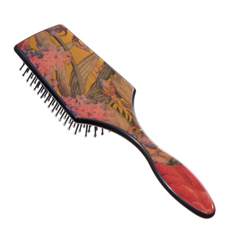 A hairbrush with a colorful artistic design on the body and a red handle.