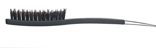 A tool with a long handle and stiff black bristles, used for cleaning shoes or brushes.