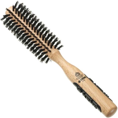 A wooden hairbrush with black bristles, designed for combing and styling hair.