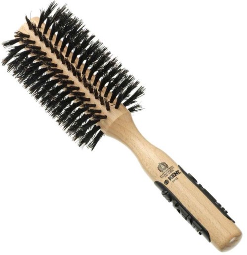 A wooden hairbrush with black bristles, two rows of bristles, and a handle with four black grip areas.