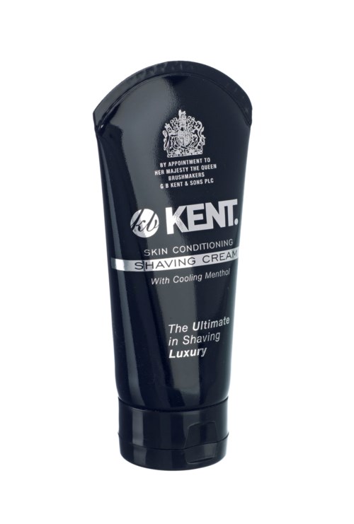 En svart tube med Kent hudpleie barberkrem med kjølende menthol, merket som luksuriøs.