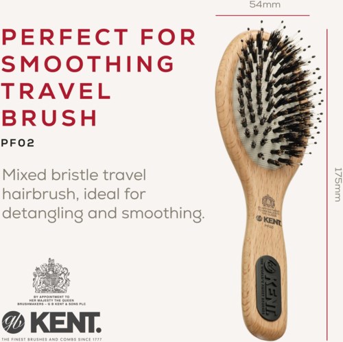 Wooden travel hairbrush with mixed bristles for detangling and smoothing. Size is 175mm long and 54mm wide.