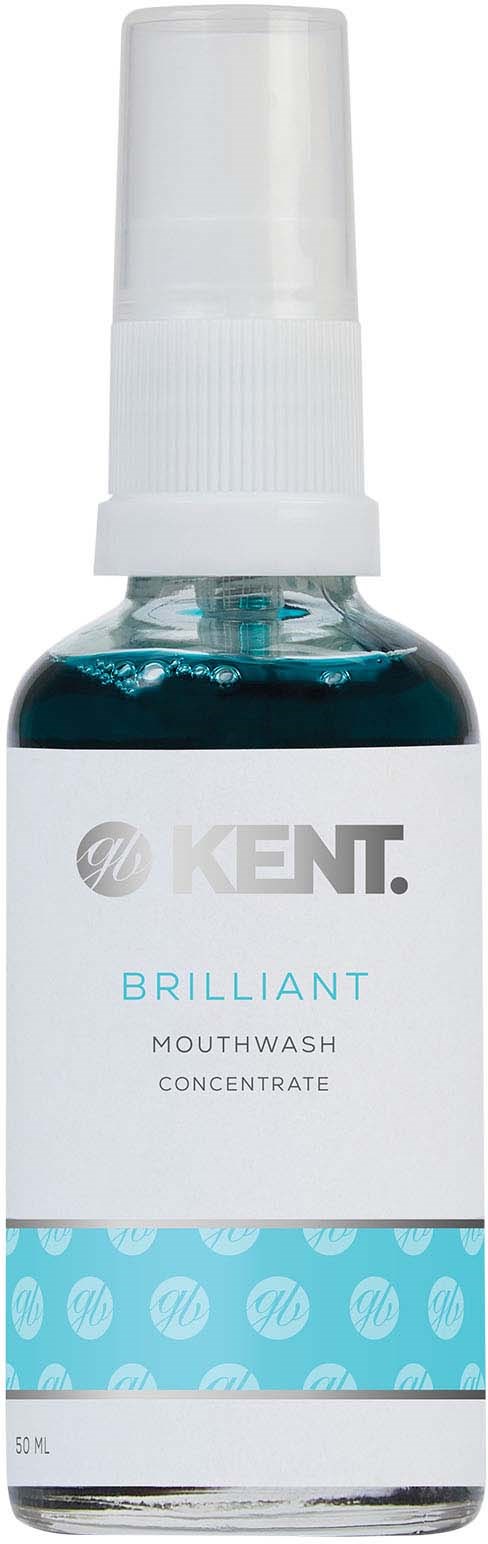 En liten flaska med sprayhatt, märkt "KENT BRILLIANT Mouthwash Concentrate" och blå prickar design.