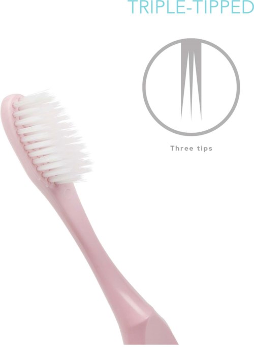 A pink toothbrush with three tips and soft bristles, shown in a clean, simple design.