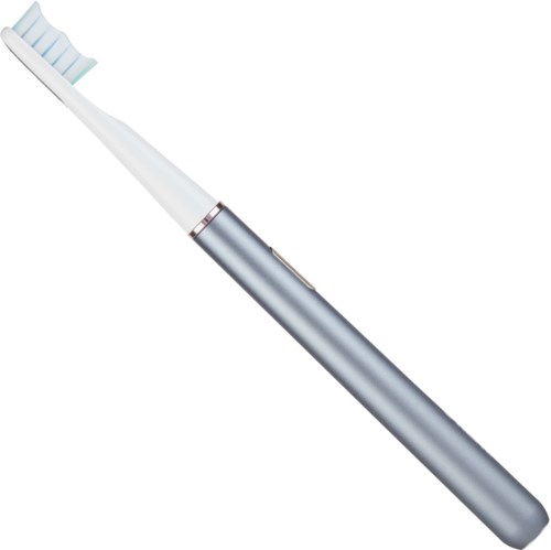 A silver electric toothbrush with a white brush head and blue bristles.