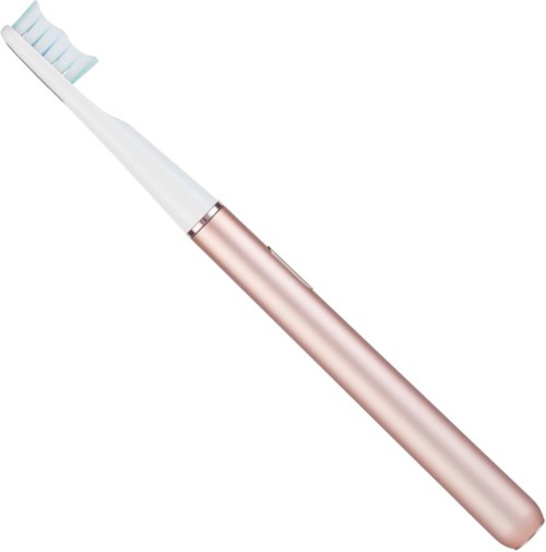 Elektrisk tandborste med ett vitt och rosa handtag och blått och vitt borsthuvud.