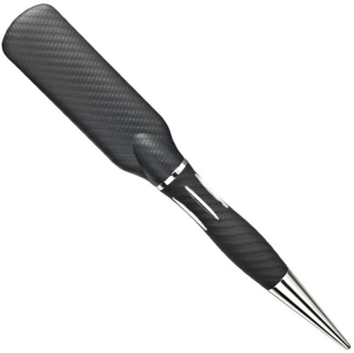 Een zwarte pen met een getextureerd lichaam en zilveren accenten op de punt en clip.