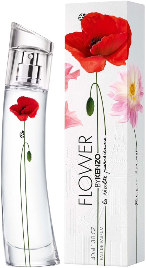 Butelka perfum i pudełko z czerwonym makiem i różowym kwiatem, z napisem 'FLOWER' i innym tekstem.