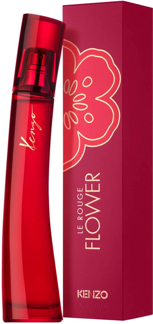 Czerwona butelka perfum z kwiatowym wzorem i logo Kenzo, obok pasujące różowe opakowanie z kwiatowym wzorem.