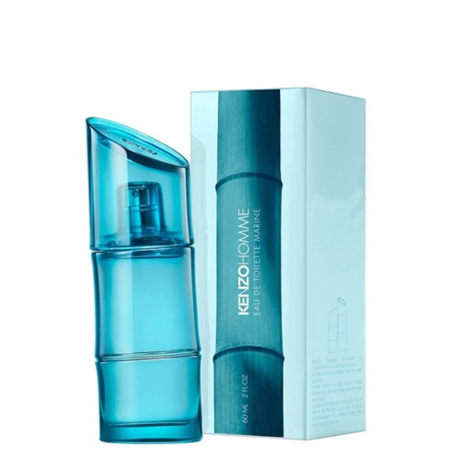 Niebieska butelka perfum z pasującym opakowaniem, dla mężczyzn, oznaczona "KENZO HOMME."