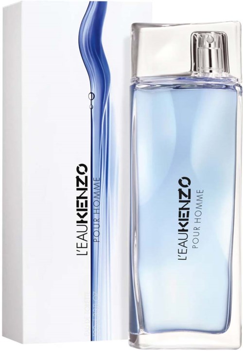 butelka perfum z niebieskim płynem obok kartonika, oznaczona "L'EAU KENZO POUR HOMME."