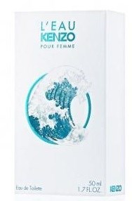 En vit förpackning med blå text och en våglogo. Det är för Kenzo L'Eau Femme parfym, 50 ml.