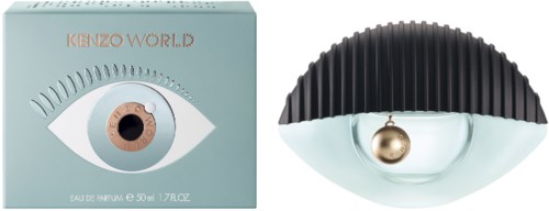 En parfyllåda formad som ett öga och en svart halvcirkulär lock. På lådan står texten "KENZO WORLD" och en ögondesign.