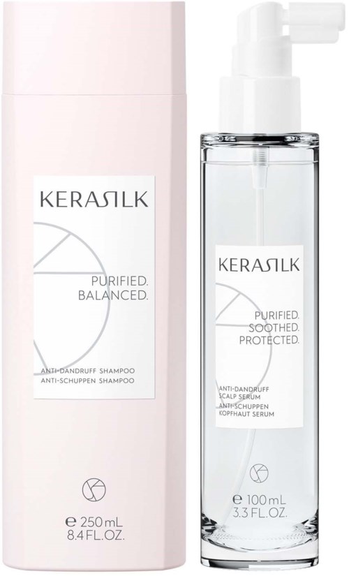 A shampoo and a serum bottle of KeraslK, both labeled as purified, balanced, soothing, and protective.
