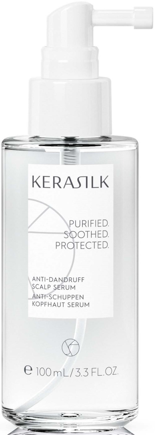 En tydlig flaska med vit pump, märkt Kerasik anti-dandruff skalpsserum, innehåller 100 mL.