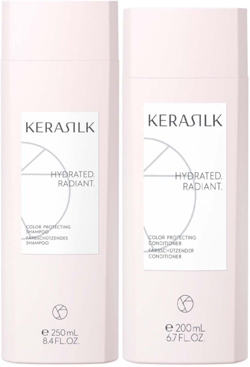 Två vita flaskor med svart text, märkta som schampo och balsam från Keraslik, betonar fukt och glans.