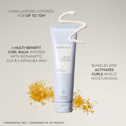 Een witte tube Kerasilk krulbalsem met gele stukken en een krullenachtige crème erboven, bevordert langdurige krullenkontrole.