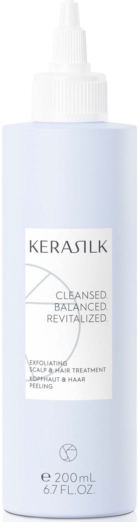 En lång vit flaska med spraymunstycke märkt KERASILK för hårvård, rymmer 200 mL.