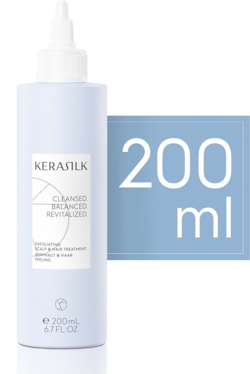 En vit flaska med Kerasilk-hårbehandling och en blå etikett som visar 200 ml.