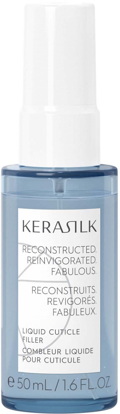 Kleine blauwe fles met witte pomp, met label 'KERASILK' en beschrijving van een herstellende haarbehandeling.