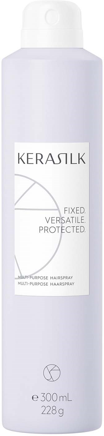 Een witte fles Kerasik haarspray, 300 ml, met eenvoudige labeltekst.