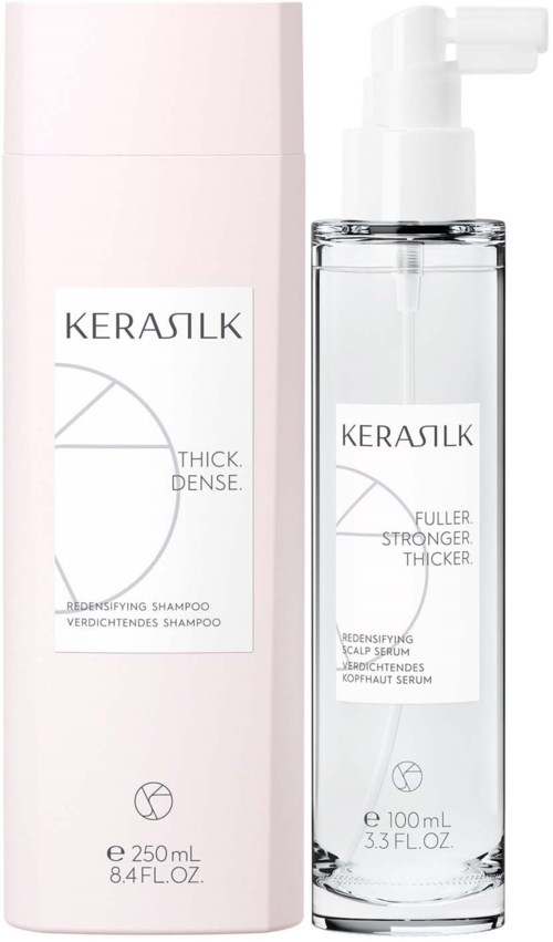 A shampoo bottle and box, labeled 'KERASILK,' are shown with hair care benefits on the labels.